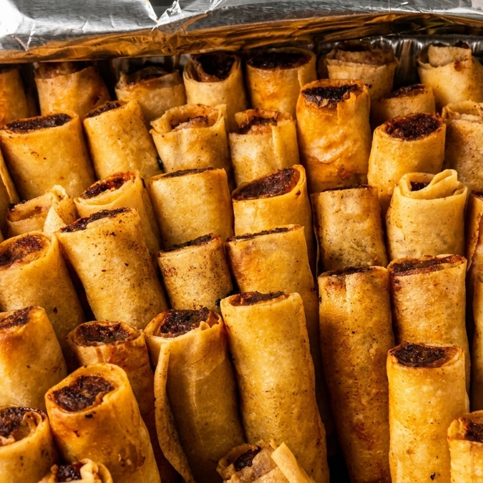 Tray filled with golden-brown fried spring rolls, arranged on banana leaves beneath foil.