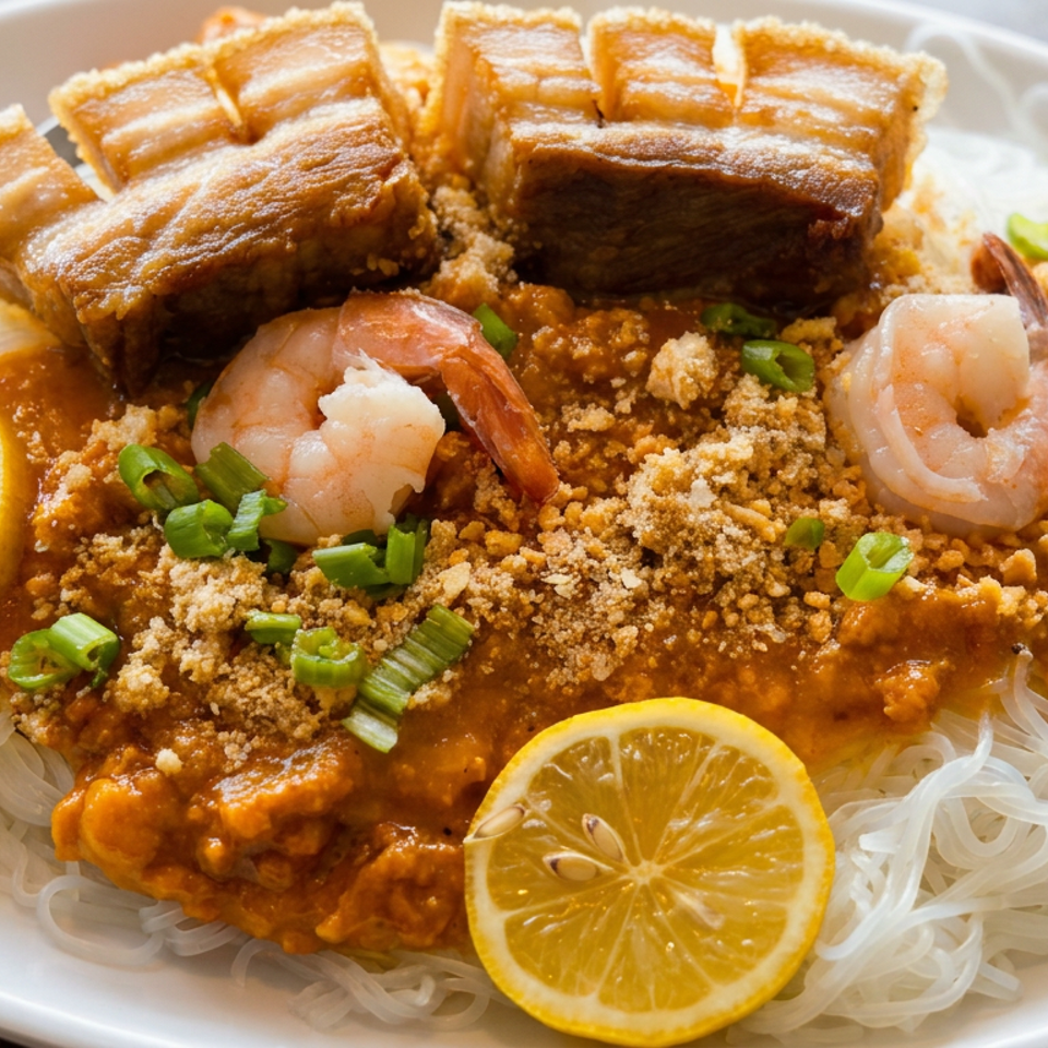 Plate of rice noodles topped with shrimp, crispy pork, orange sauce, breadcrumbs, scallions, and lemon slices.