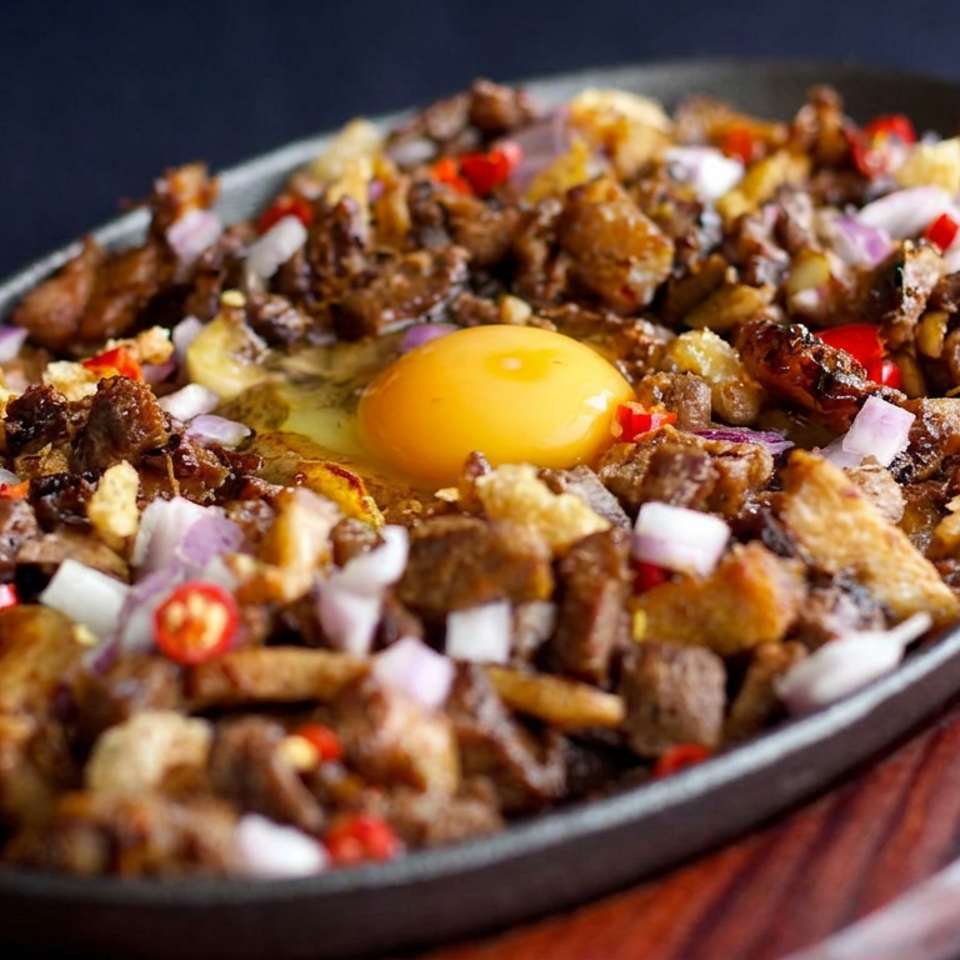 Sizzling skillet filled with chopped grilled meat, red peppers, onions, and a sunny-side-up egg on a wooden serving board.