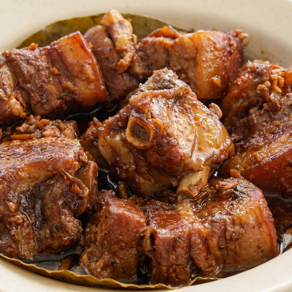 Braised pork pieces with bones and crispy garlic sit in a glossy dark sauce on a white plate.