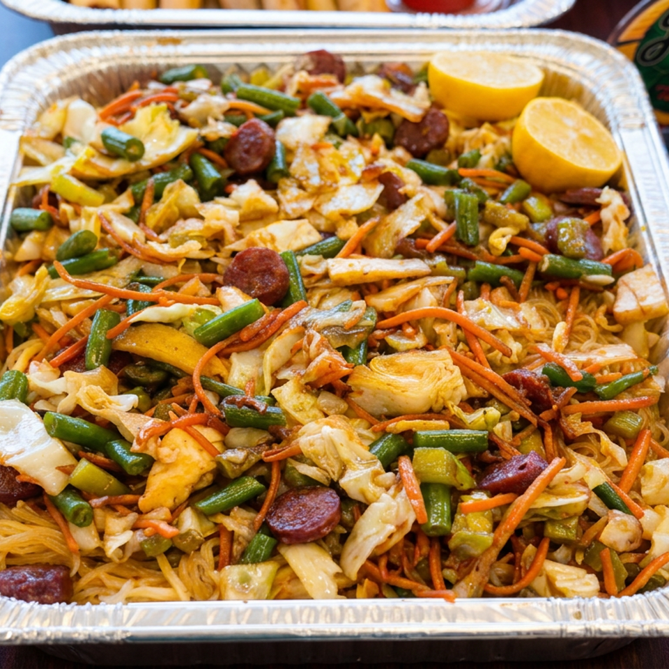 Aluminum tray filled with Filipino pancit noodles, vegetables, chicken, sausage, and lemon halves on a restaurant table.