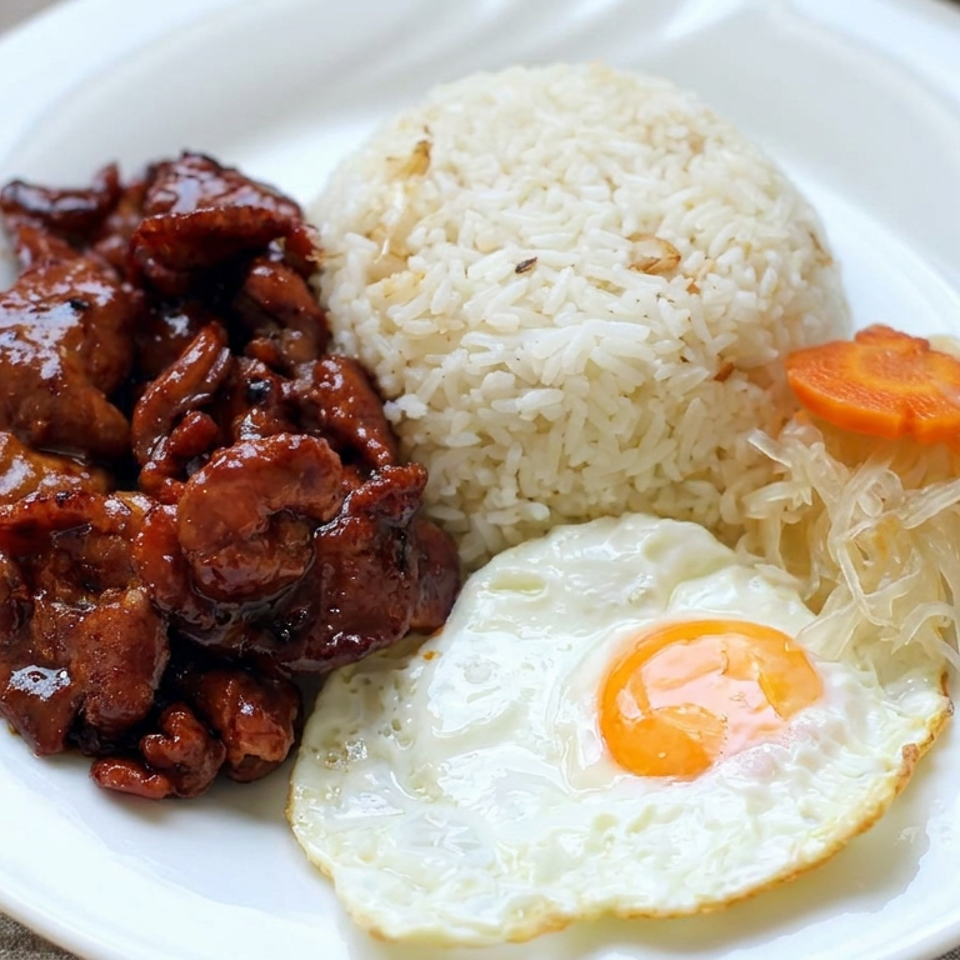 Plate of glazed meat, steamed rice, fried egg, and pickled vegetables on a white dish.