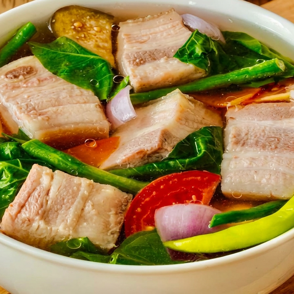 Bowl of savory broth with pork belly, leafy greens, green beans, tomatoes, onions, and chili peppers on a wooden table.
