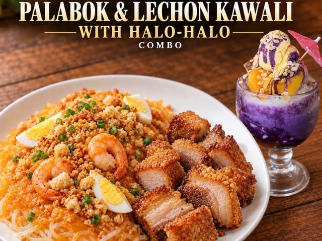 Palabok with Lechon Kawali & Halo-Halo.